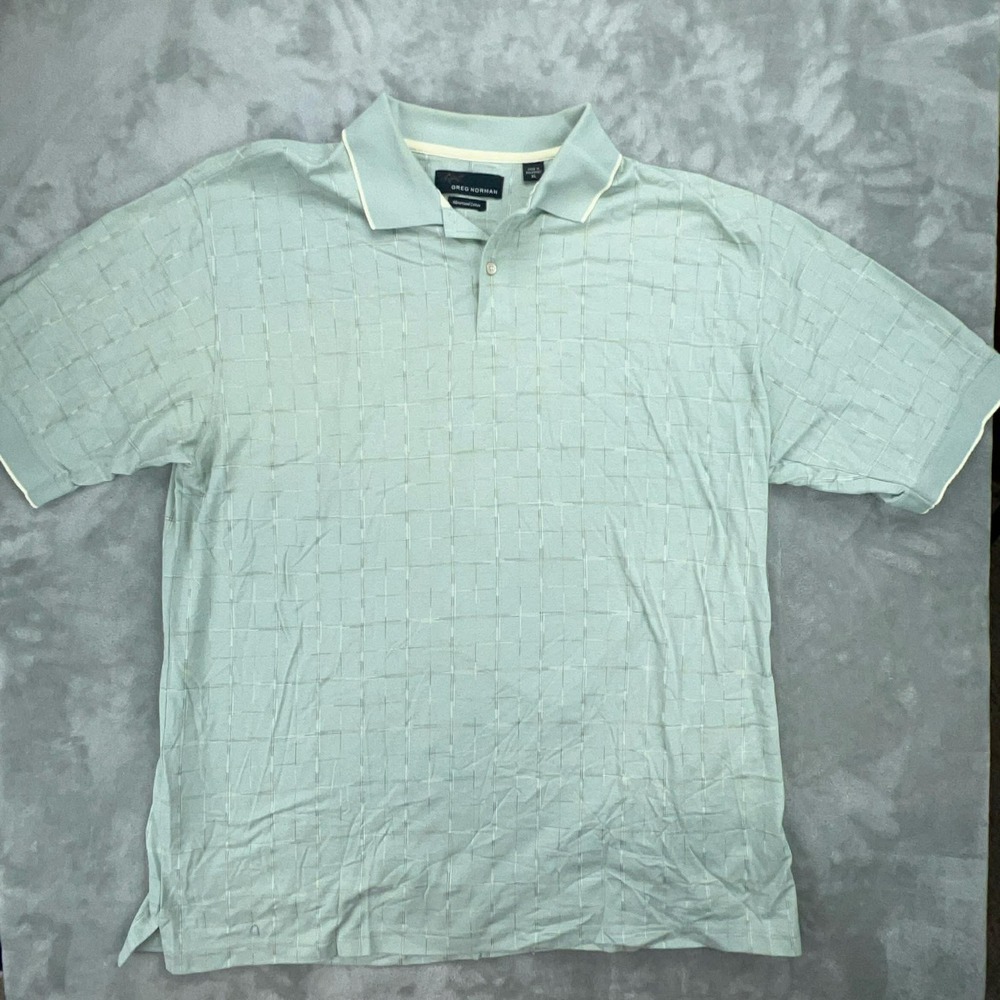 Greg Norman Polo Shirt Mens XL Green Mercerized Cotton Textured‎ Grid Golf Short